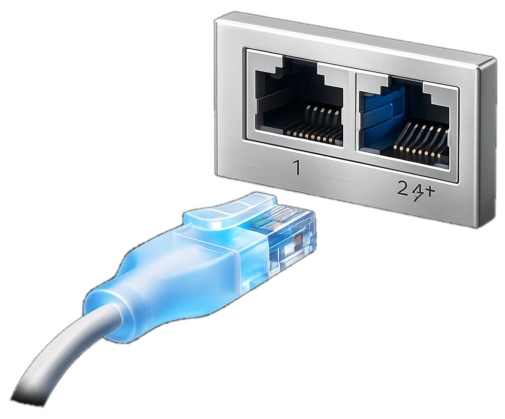 RJ45-kabel die wordt aangesloten op een netwerkaansluiting